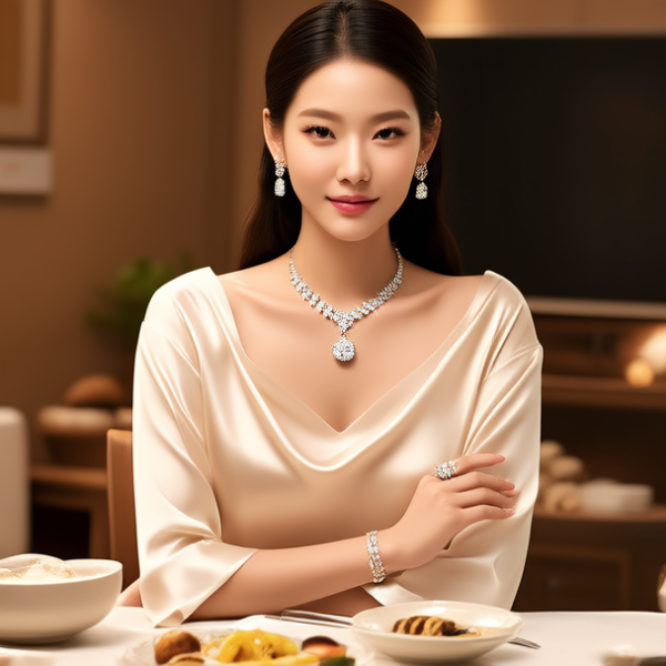 生活瞬间，美女，韩系美女，丝绸，美妆广告，家庭餐桌，4K超清，写实风格，温馨，柔和室内光，细腻皮肤，项链，耳环，手链。