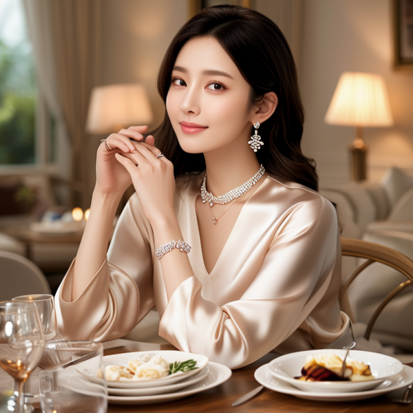 生活瞬间，美女，韩系美女，丝绸，美妆广告，家庭餐桌，4K超清，写实风格，温馨，柔和室内光，细腻皮肤，项链，耳环，手链。