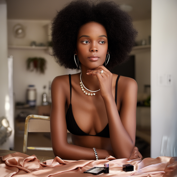 生活瞬间，美女黑人，比基尼，丝绸，美妆广告，家庭餐桌，4K超清，写实风格，温馨，柔和室内光，细腻皮肤，项链，耳环，手链。