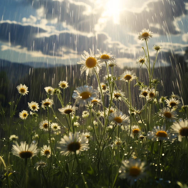 自然风光，鲜花盛开，雨滴滑落，4K超清，写实风格，阳光透过云层，花瓣饱满