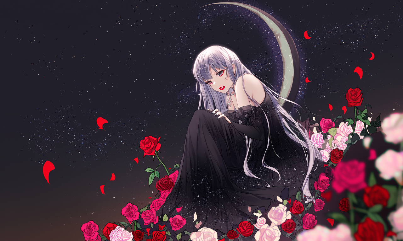 一个神秘的女孩坐在一片满是鲜艳玫瑰的花海中。她的头发被月光染成银白色,她穿着一件黑色的连衣裙,它在月光下闪闪发光。她的眼睛深邃而迷人,她的嘴唇上涂着红色的口红。她的背后是一片深黑的夜空,点缀着无数的星星。