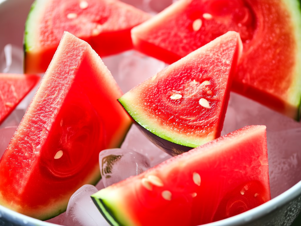 冰镇的西瓜切块：一块切好的西瓜，冰镇后更加清凉，红色的果肉中白色的籽显得格外醒目，每一口都是夏天的凉爽。