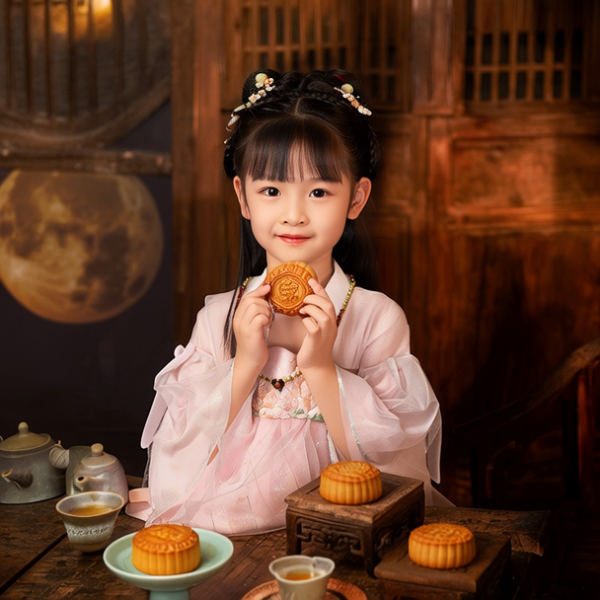 坐在桌子前吃月饼的小女孩儿