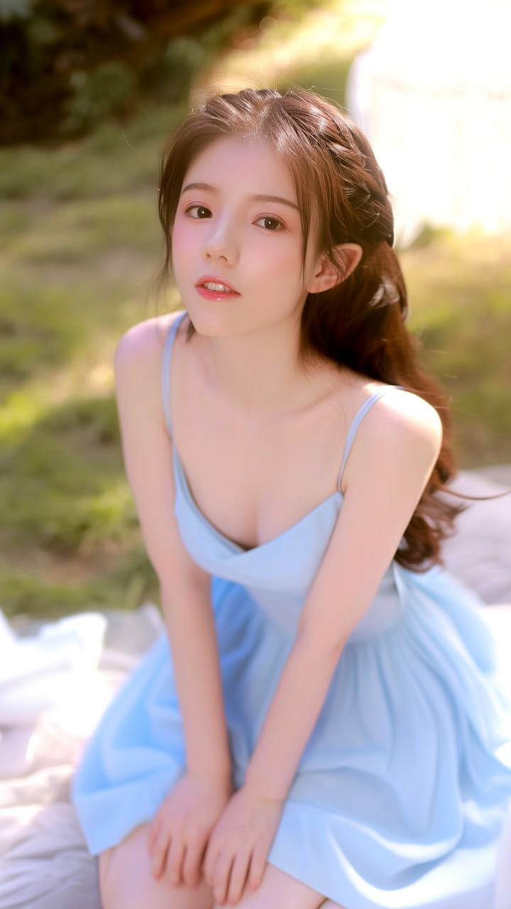 帮我生成一张清纯美女，穿着吊带，胸部浑圆，正对跪着，楚楚动人地抬起头看。