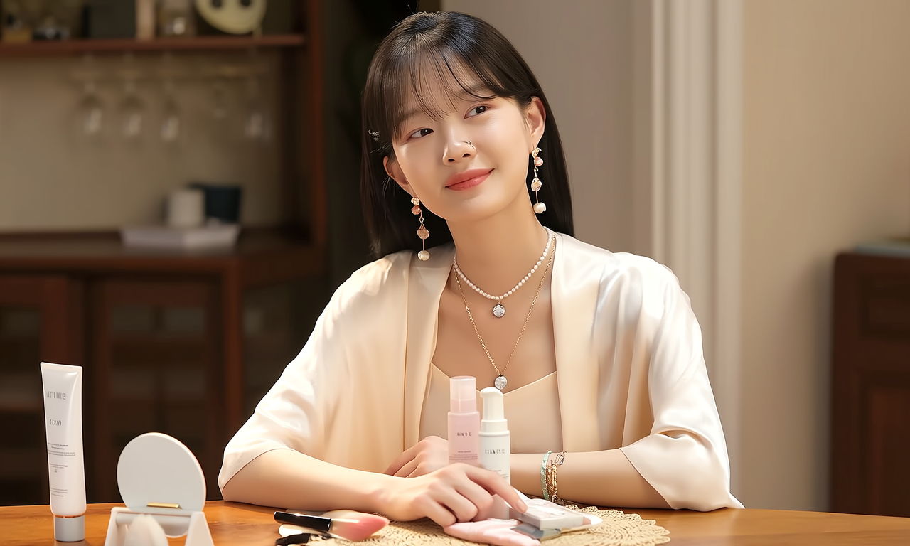 生活瞬间，美女，韩系美女，丝绸，美妆广告，家庭餐桌，4K超清，写实风格，温馨，柔和室内光，细腻皮肤，项链，耳环，手链。