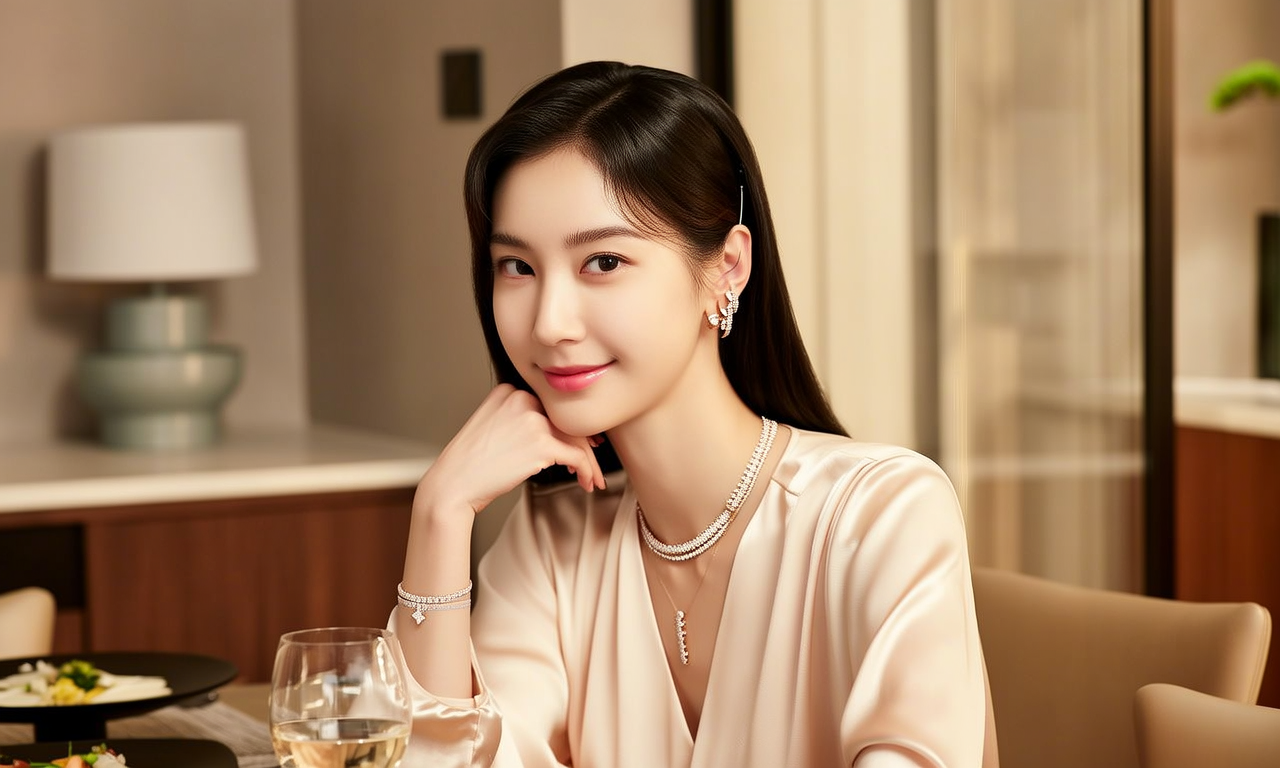 生活瞬间，美女，韩系美女，丝绸，美妆广告，家庭餐桌，4K超清，写实风格，温馨，柔和室内光，细腻皮肤，项链，耳环，手链。