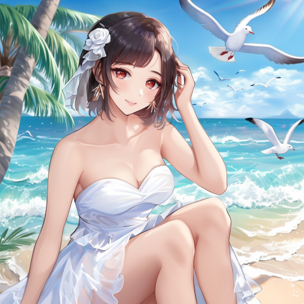 20岁的中国女孩，淡淡的妆容，具有一种独具特色的立体感，洁白抹胸连衣裙，适中的胸部和臀部，坐在沙滩上，用头饰扎住短发，水汪汪的眼睛，红润脸蛋，面带微笑，温柔，妩媚，舒适，大海，椰子树，海鸥，海浪