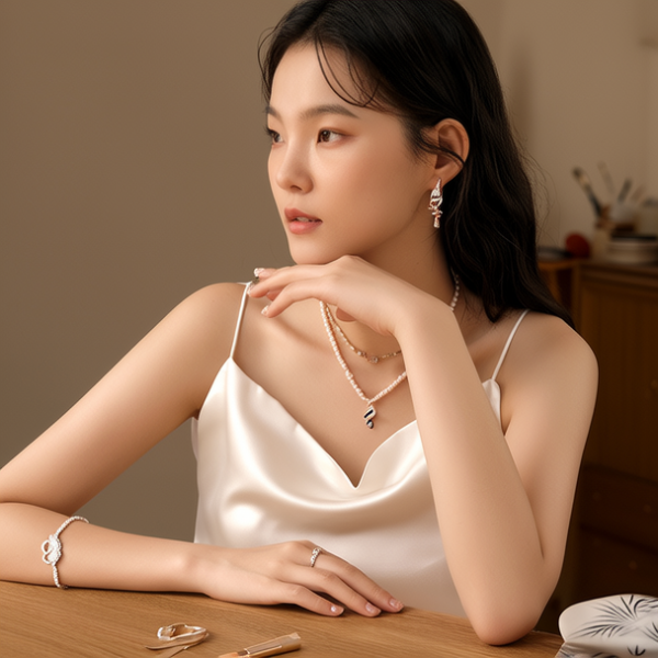 生活瞬间，美女，韩系美女，丝绸，美妆广告，家庭餐桌，4K超清，写实风格，温馨，柔和室内光，细腻皮肤，项链，耳环，手链。