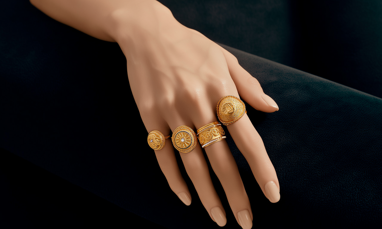 戴满金戒指的手图片